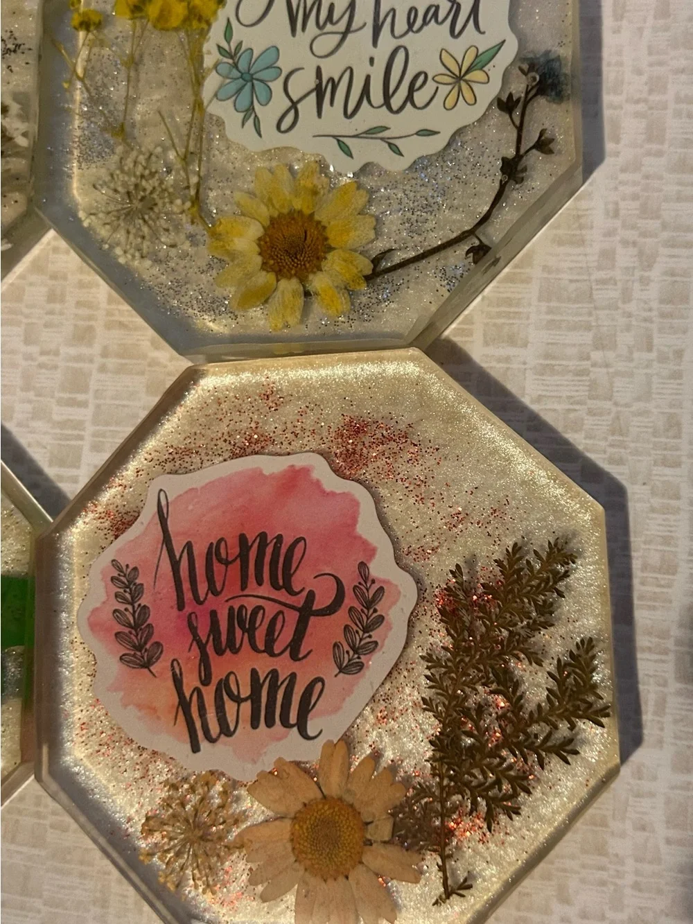 Unlisted Artisanal Resin Floral Coaster Set with Yellow and Blue Accents